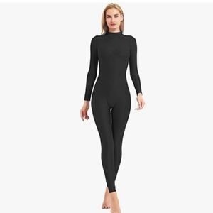 women’s black high neck full bodysuit zip long sleeve unitard
